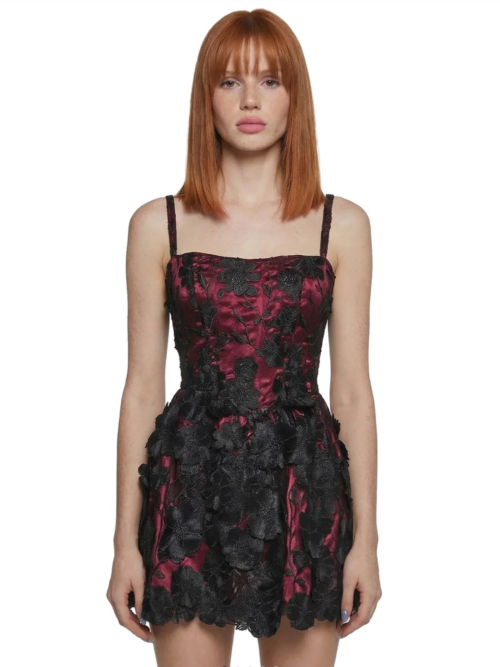 Sugar Thrillz Burgundy and Black Floral Appliqué Mini Dress - Picture 9 of 10